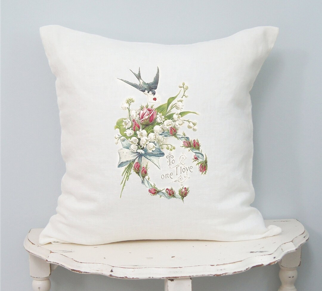 Vintage Bird Linen Pillow Cover, Valentine's Day Romantic Love Pillow