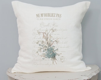 Blue Floral Linen Pillow Cover, Shabby French Farmhouse Decor, Cottage Chic Floral Pillow Cover.
