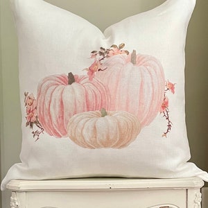 Pink Pumpkins Linen Pillow Cover, Fall Farmhouse Sofa Pillow, Shabby Cottage Chic Autumn Decor.