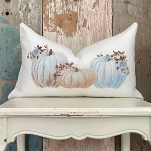 Blue Pumpkin Linen Lumbar Pillow Cover, Fall Farmhouse Sofa Pillow, Shabby Cottage Chic Autumn Decor.