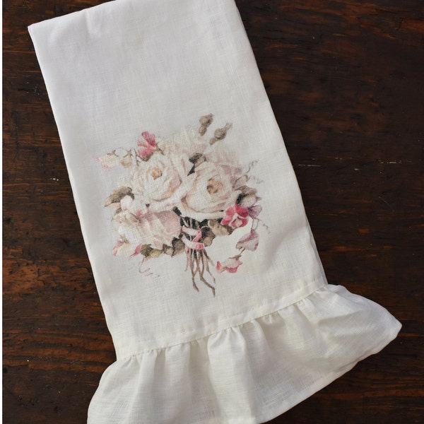 Ruffle Rose Bouquet Tea Towel, Vintage Spring Dishtowel, Shabby French Country Kitchen, Cottage Chic.
