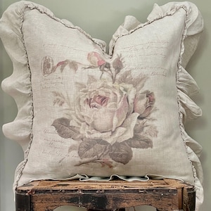 Beige French Rose Ruffle Pillow Cover, French Country Pillow Cover. Shabby Decor, Cottage Chic, French Antiques, Gift for Her.
