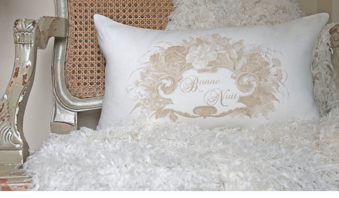 French Boudoir Lumbar Pillow, Bonne Nuit Linen Pillow Cover, Shabby
