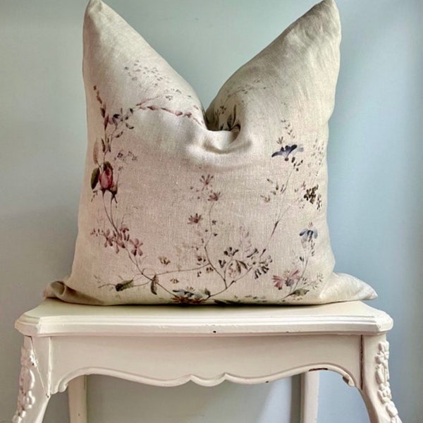 Beige Floral Linen Pillow Cover, Cottage Chic, Shabby  Decor, French Country Decor, Swedish Farmhouse.