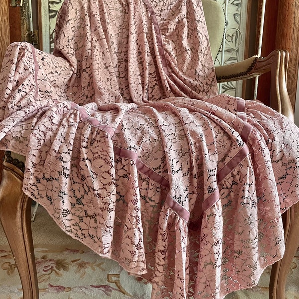 Rose Pink Ruffle Lace Throw, Elegant Photography Prop, Cottage Chic Tablecloth, Shabby French Country Decor, Romantic Throw.