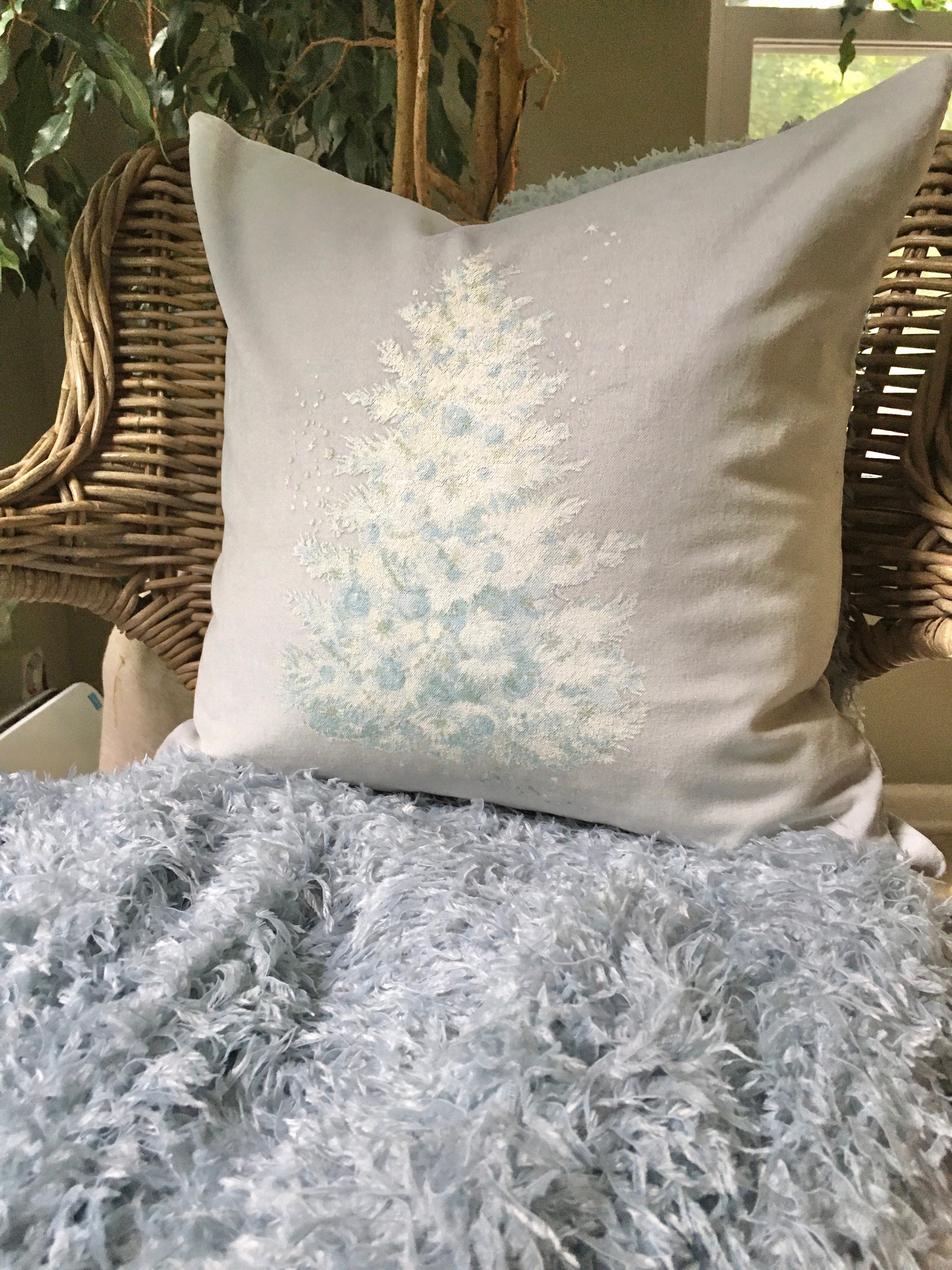 Light Blue Christmas Tree Velvet Pillow Cover Shabby Cottage Chic