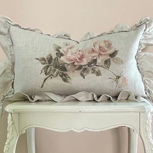 French Linen Lumbar Ruffle Pillow Cover, Shabby Country Rose Pillow Cover, French Antiques, Cottage Chic.