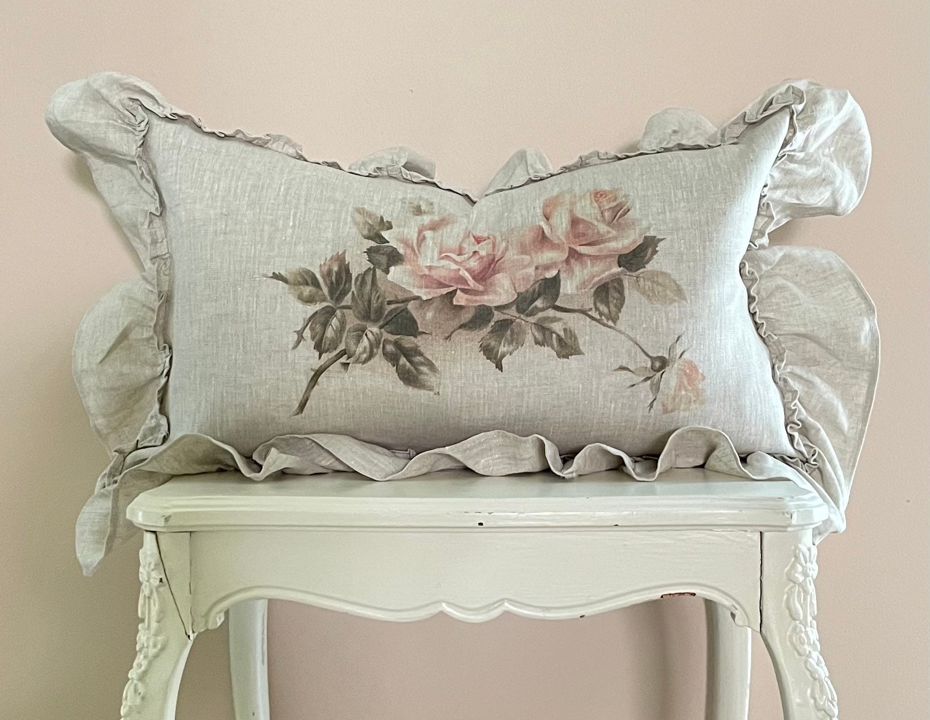 French Linen Lumbar Ruffle Pillow Cover, Shabby Country Rose Pillow Cover, French Antiques, Cottage Chic.