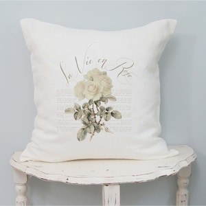 Rose Linen Pillow Cover, Shabby Cottage Chic, French Country Farmhouse, Romantic Decor. White