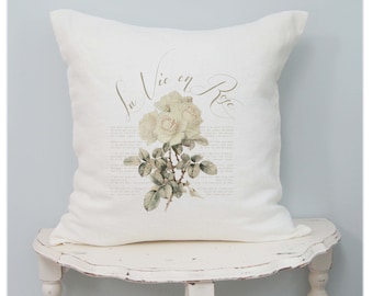 Rose Linen Pillow Cover, Shabby Cottage Chic, French Country Farmhouse, Romantic Decor.