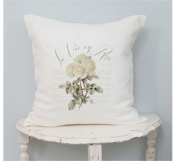 Rose Linen Pillow Cover, Shabby Cottage Chic, French Country Farmhouse, Romantic Decor.