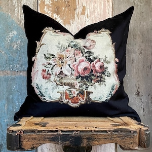 Black Floral Velvet Pillow Cover, Vintage Decorative Throw Pillow, French Country Decor, Cottage Chic, 18" x 18".