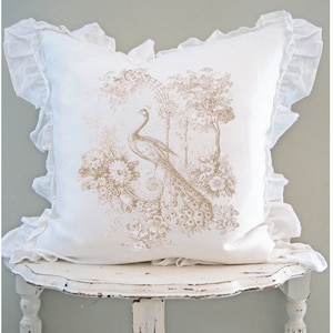 Peacock Toile Ruffle Pillow Cover, Shabby French Country Pillow Cover, Swedish Farmhouse Cottagecore Decor, Cottage Chic.