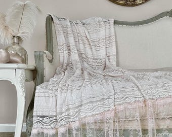 Pale Pink Ruffle Lace Throw, Elegant Photography Prop, Cottage Chic Blanket, Shabby French Country Decor, Blush Romantic Throw.