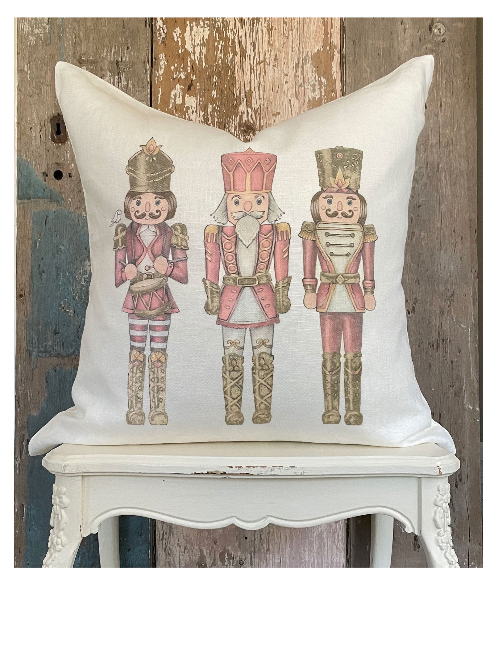 Pink Nutcrackers Linen Pillow Cover Shabby Vintage Farmhouse Etsy