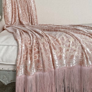 Blush Pink Velvet Fringe Throw, Cottage Chic Blanket, Elegant Bed Scarf, Photography Prop, Shabby French Country Decor, Romantic Throw.