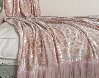 Blush Pink Velvet Fringe Throw, Cottage Chic Blanket, Elegant Bed Scarf, Photography Prop, Shabby French Country Decor, Romantic Throw.