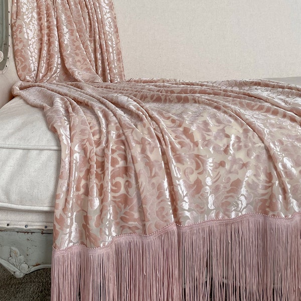 Blush Pink Velvet Fringe Throw, Cottage Chic Blanket, Elegant Bed Scarf, Photography Prop, Shabby French Country Decor, Romantic Throw.