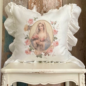 Virgin Mary Linen Pillow Cover, Shabby French Country Roses Pillow, French Antiques, Cottage Chic Religious Decor.