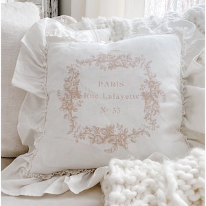 French Linen Ruffle Pillow Cover, Shabby Country Cushion Cover, Floral Script, Cottage Chic Decor.