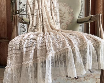 Natural Ruffle Lace Throw, Elegant Photography Prop, Cottage Chic Blanket, Shabby French Country Decor, Natural Romantic Throw.