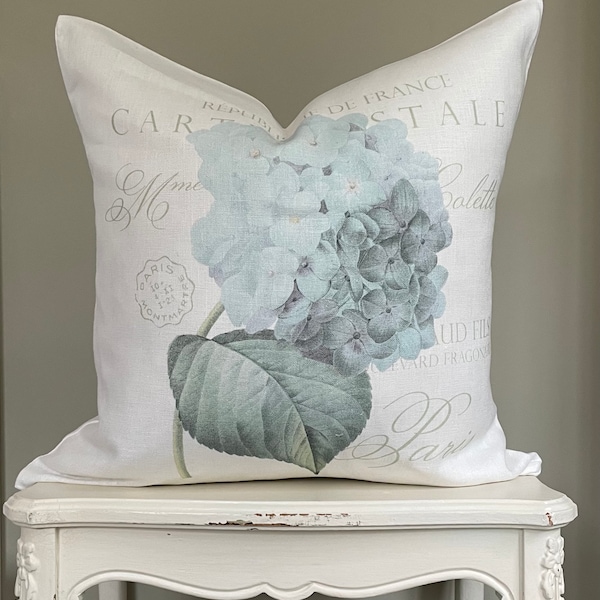 French Country Hydrangea Pillow Cover, Country Cottage Chic, Shabby Farmhouse Linen Cushion, French Antiques.