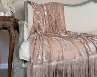 Beige Velvet Fringe Throw, Cottage Chic Blanket, Elegant Bed Scarf, Photography Prop, Shabby French Country Decor, Romantic Throw.