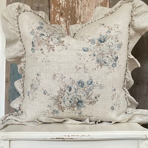 Beige and Blue Floral Ruffle Pillow Cover, French Country Pillow Cover. Shabby Decor, Cottage Chic, French Antiques.