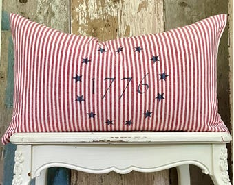 Patriotic Striped 1776 Linen Lumbar Pillow Cover, USA American Flag, Farmhouse Rustic Summer Country Decor.