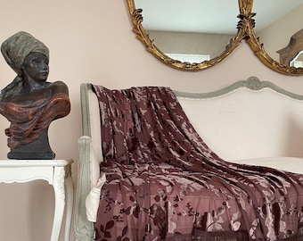 Brown Velvet Fringe Throw, Elegant Bed Scarf, Sheer Photography Prop, Shabby French Country Decor, Cottage Chic Mocha Mousse Throw.