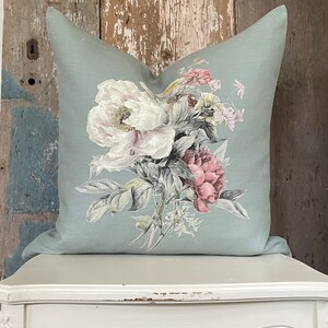 Light Teal Floral Linen Pillow Cover, Decorative Spring Farmhouse Throw Pillow, French Country Decor, Cottage Chic.