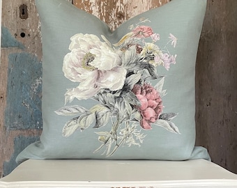Seafoam Floral Linen Pillow Cover, Decorative Spring Farmhouse Throw Pillow, French Country Decor, Cottage Chic.