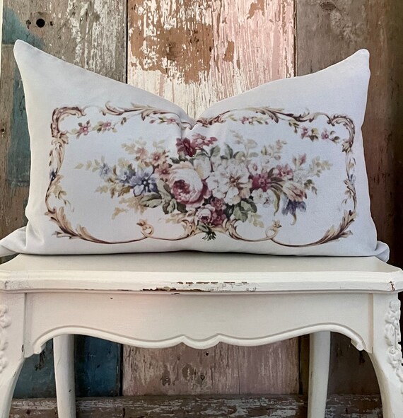Blue Floral Velvet Lumbar Pillow Cover Vintage Decorative Throw Pillow French Country Decor Cottage Chic 12 X 20 Etsy