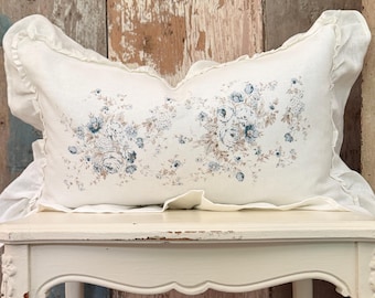 Blue Shabby Floral Ruffle Linen Lumbar Pillow, Farmhouse Linen Pillow Cover, French Country Cottage Chic Decor, 12” x 20”