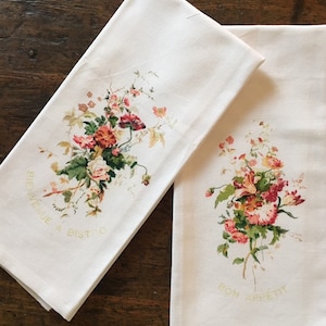 Vintage Floral Tea Towel Set, Botanical Flower Linen Dishtowels, Shabby French Country Kitchen Towels Gift Set, Cottage Chic.