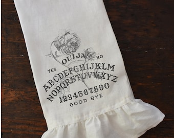 Halloween Ouija Board Ruffle Tea Towel, Autumn Farmhouse Kitchen, Black and White Dishtowel.