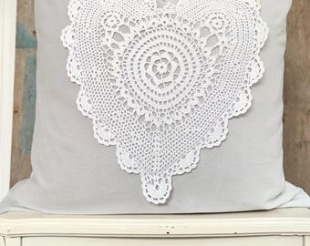 Crochet Heart Pillow Blue Velvet Pillow Cover, Valentine's Day Decor, Romantic Shabby Home, Cottage Chic, 18" x 18"