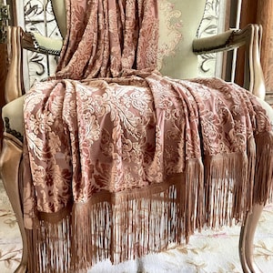 Golden Rust Velvet Fringe Throw, Cottage Chic Blanket, Elegant Bed Scarf, Photography Prop, Shabby French Country Decor, Romantic Throw.