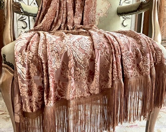 Golden Rust Velvet Fringe Throw, Cottage Chic Blanket, Elegant Bed Scarf, Photography Prop, Shabby French Country Decor, Romantic Throw.
