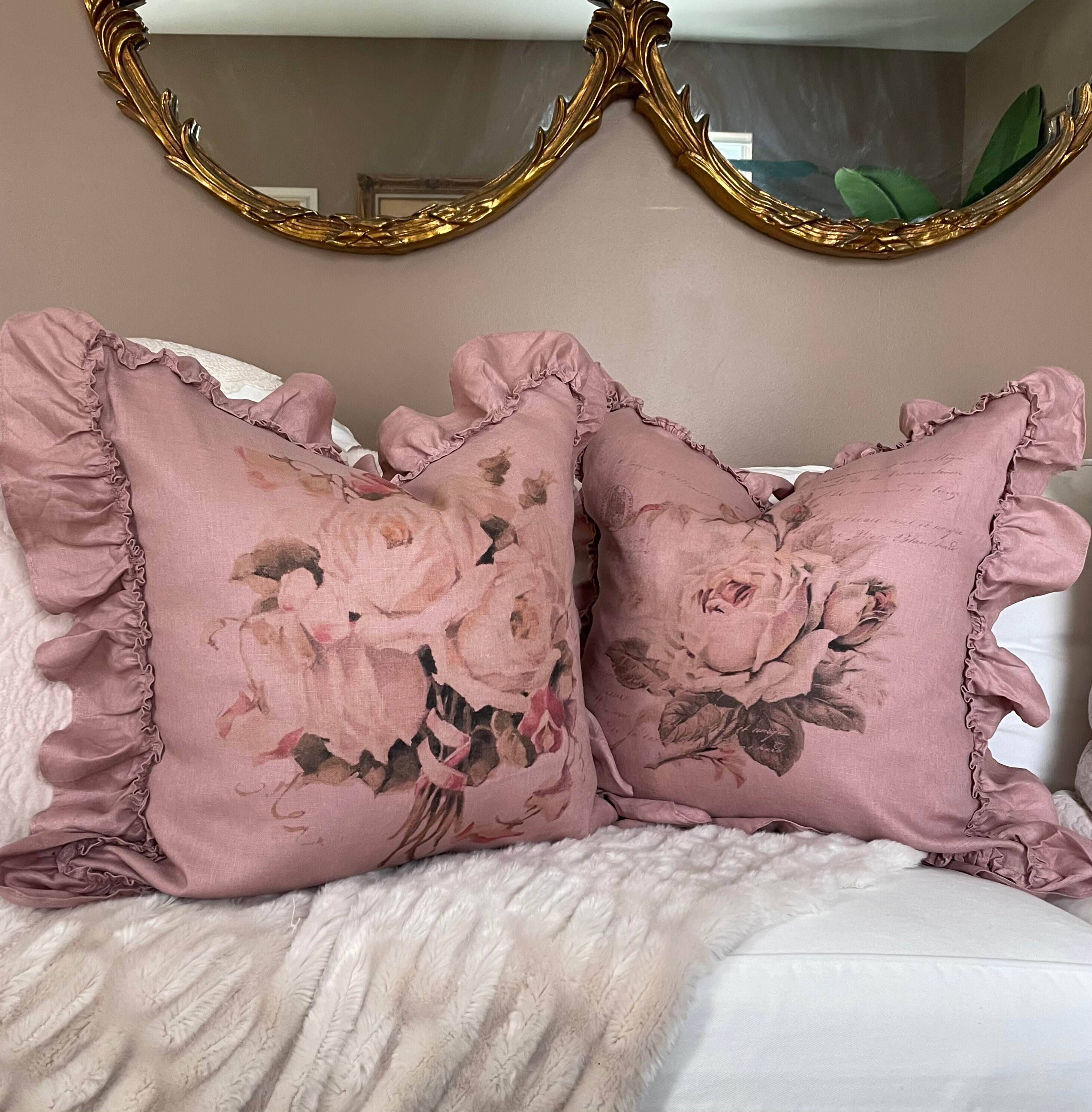 Rose Pink Linen Ruffle Pillow Cover Shabby French Country Etsy