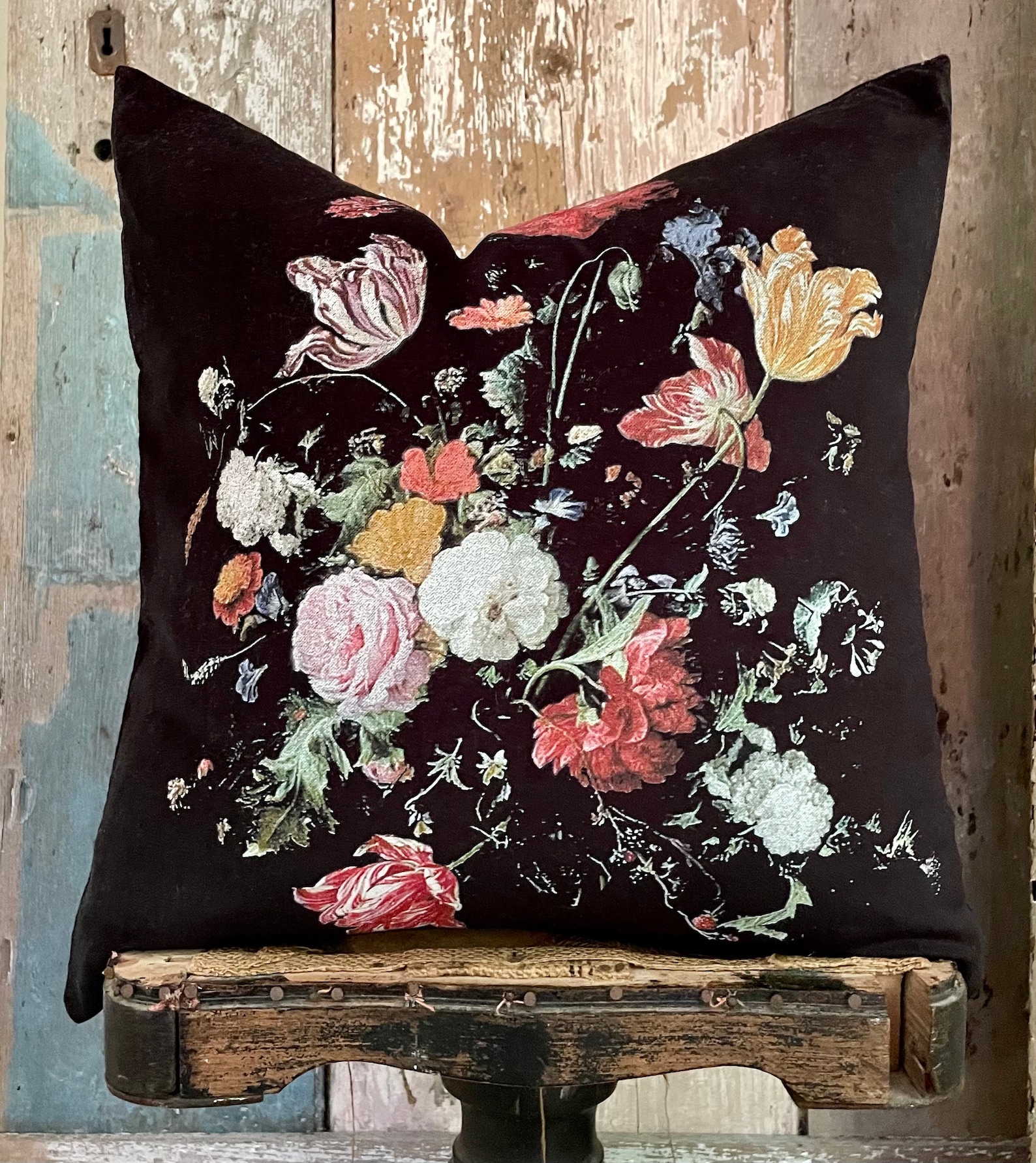 Dutch Floral Velvet Pillow Cover Vintage Decorative Black Etsy