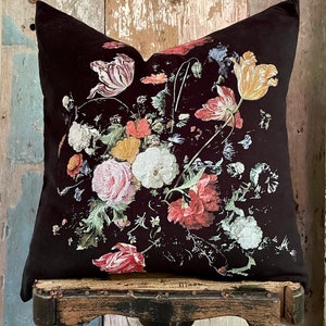 Dutch Floral Velvet Pillow Cover, Vintage Decorative Black Throw Pillow, French Country Decor, Whimsigoth Decor, 18" x 18".