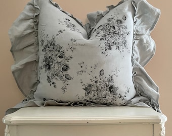 Grey and Black Ruffle Pillow Cover, French Country Cushion Cover. Shabby Decor, Cottage Chic, Fall Floral Decor.