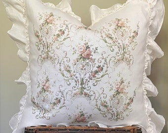 Antique Floral Ruffle Pillow Cover, Cottage Chic Linen Cushion, Shabby French Country Farmhouse Decor, Vintage Tapestry Print.