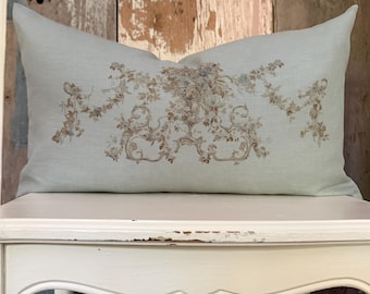 Seafoam Linen Aubusson Lumbar Pillow Cover, Shabby French Country Tapestry Print Cushion, Cottage Chic Home Decor, Antiques Farmhouse.