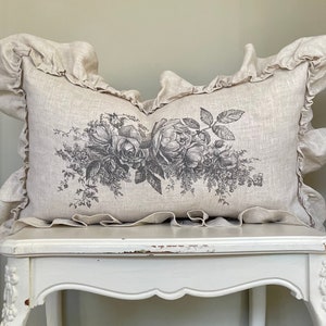 Beige and Black Floral Ruffle Linen Lumbar Pillow Cover, Shabby French Country Pillow Cover, Cottage Chic, Toile Print.