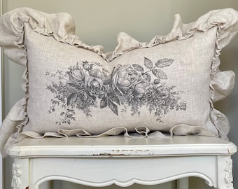 Beige and Black Floral Ruffle Linen Lumbar Pillow Cover, Shabby French Country Pillow Cover, Cottage Chic, Toile Print.