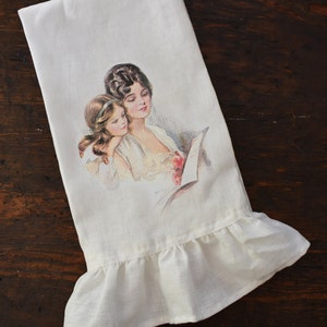 Vintage Mother&#39;s Day Tea Towel, Shabby Chic Dishtowel, Mom and Daughter. Country Cottage, Farmhouse Kitchen.
