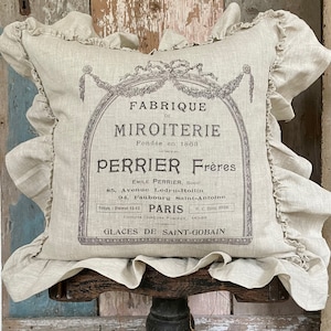 French Mirror Ruffle Linen Pillow Cover, Shabby French Country Ruffle Pillow, French Antiques, Cottage Chic Spring Decor.