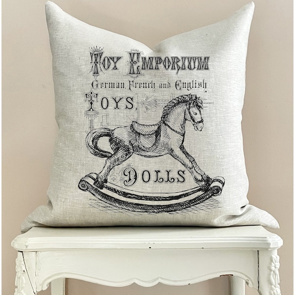 Christmas Rocking Horse Beige Linen Pillow Cover, Woodland Farmhouse Holiday Decor, Cottage Chic Vintage Toy.